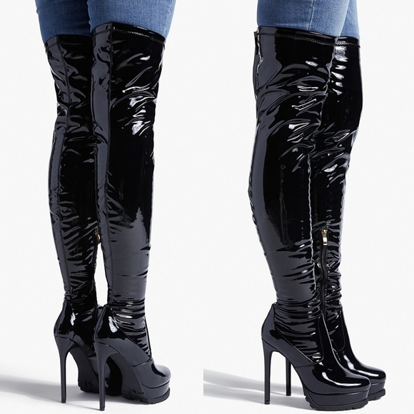 ☆Shoedazzle Bettie Black Caviar Glossed Heeled Boots☆ - Picture 2 of 2